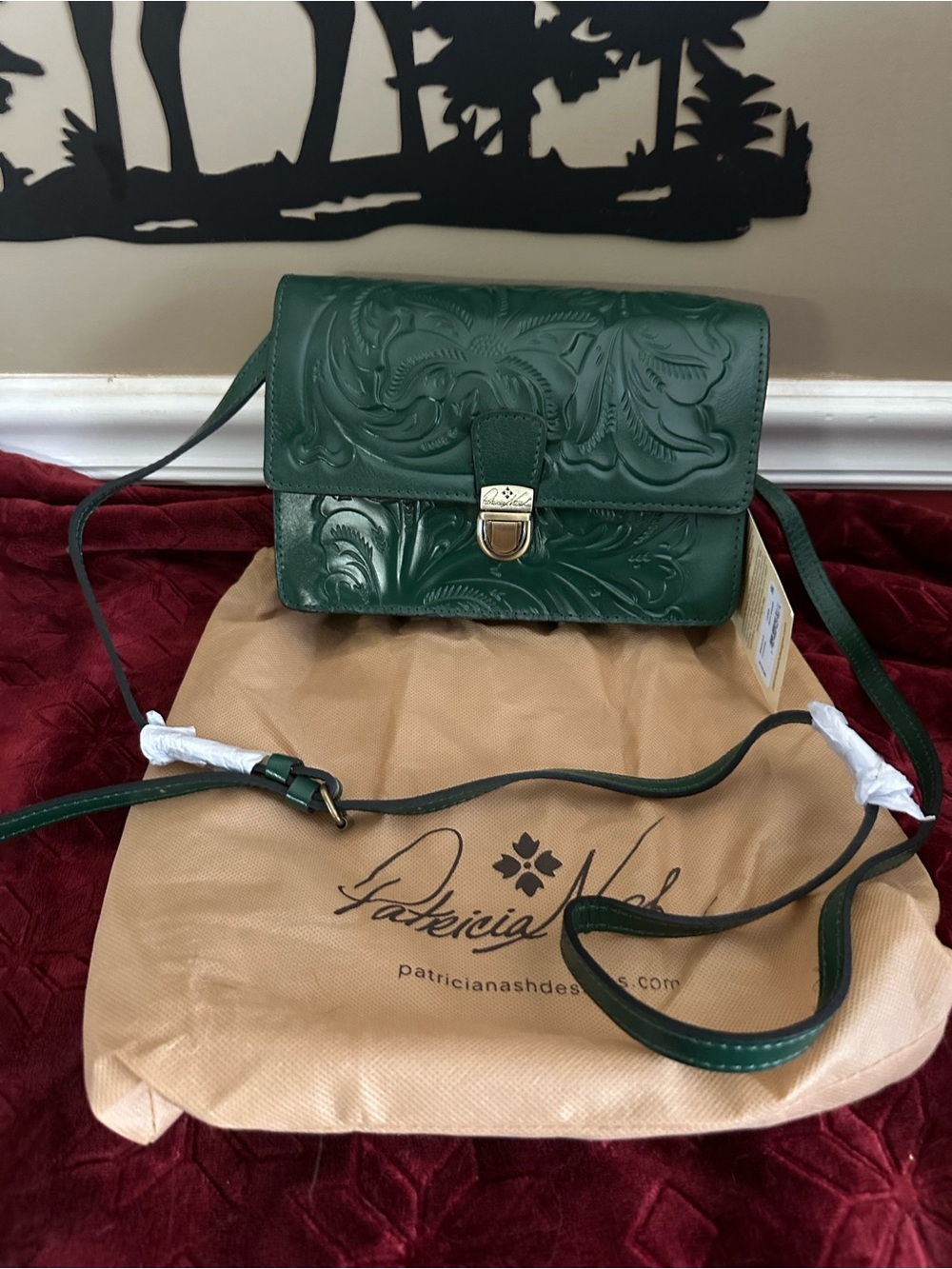 Patricia Nash Lanza Green Tooled Leather Crossbody Bag NWT